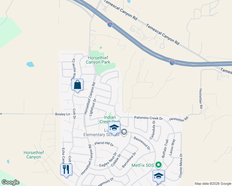 map of restaurants, bars, coffee shops, grocery stores, and more near 26831 Eagle Run Street in Corona
