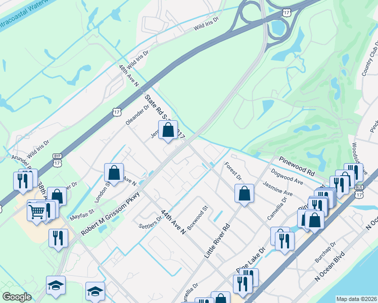 map of restaurants, bars, coffee shops, grocery stores, and more near 950 48th Avenue North in Myrtle Beach
