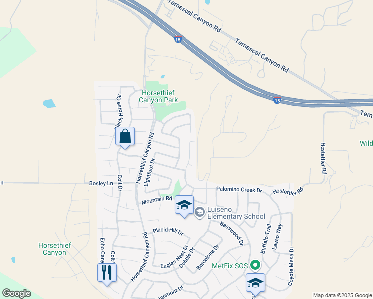 map of restaurants, bars, coffee shops, grocery stores, and more near 26831 Eagle Run Street in Corona