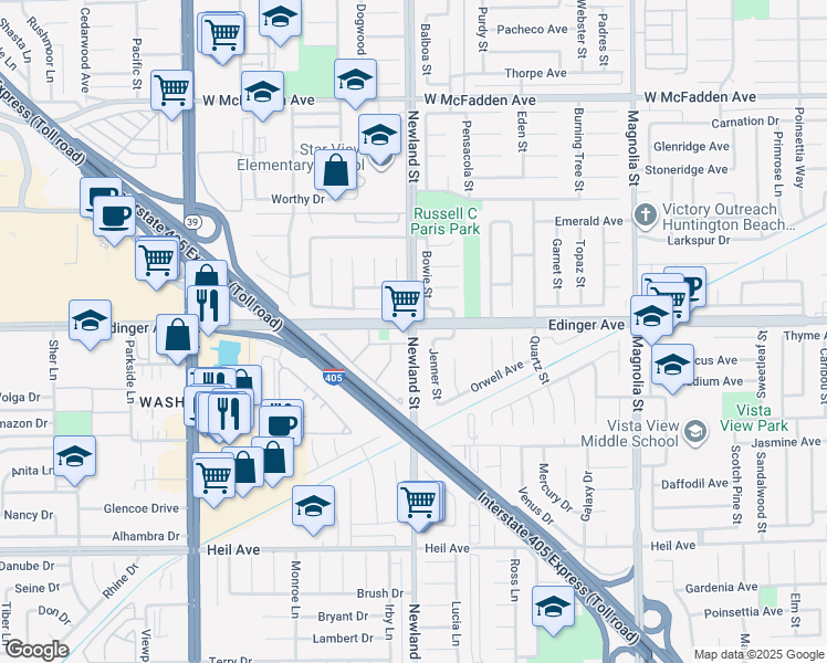 map of restaurants, bars, coffee shops, grocery stores, and more near 16001 Newland Street in Westminster