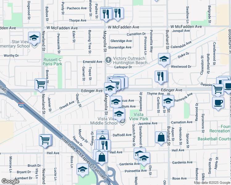 map of restaurants, bars, coffee shops, grocery stores, and more near 9091 Edinger Avenue in Westminster