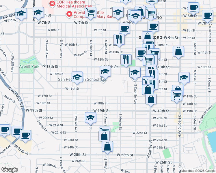 map of restaurants, bars, coffee shops, grocery stores, and more near 1001 West 15th Street in Los Angeles