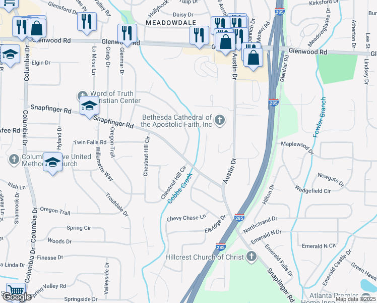 map of restaurants, bars, coffee shops, grocery stores, and more near 3761 Glen Mora Drive in Decatur