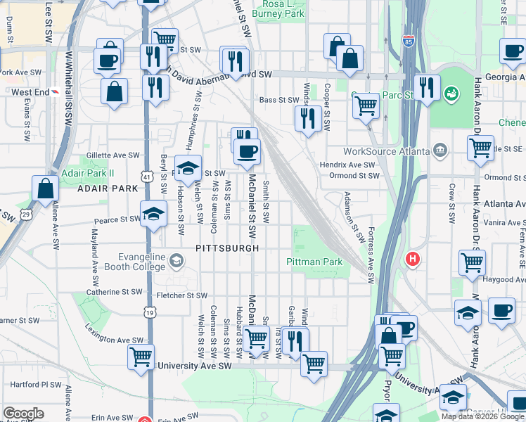 map of restaurants, bars, coffee shops, grocery stores, and more near 380 Gardner Street Southwest in Atlanta