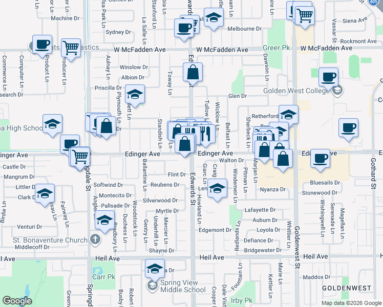 map of restaurants, bars, coffee shops, grocery stores, and more near Edinger Ave & Edwards St in Huntington Beach