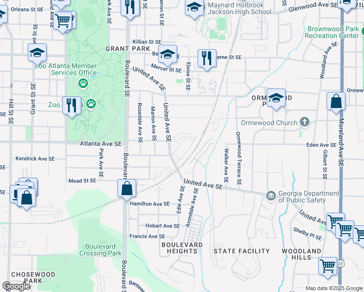 map of restaurants, bars, coffee shops, grocery stores, and more near 833 Charles Bank Avenue Southeast in Atlanta