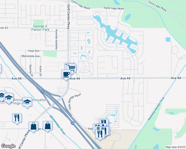 map of restaurants, bars, coffee shops, grocery stores, and more near 84136 Avenue 44 in Indio