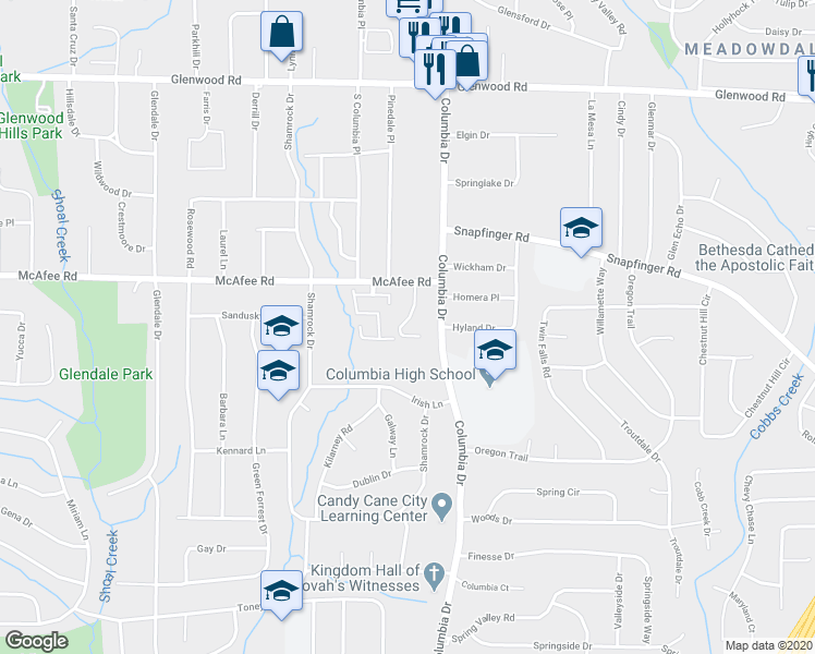 map of restaurants, bars, coffee shops, grocery stores, and more near 2050 Oak Park Lane in Decatur