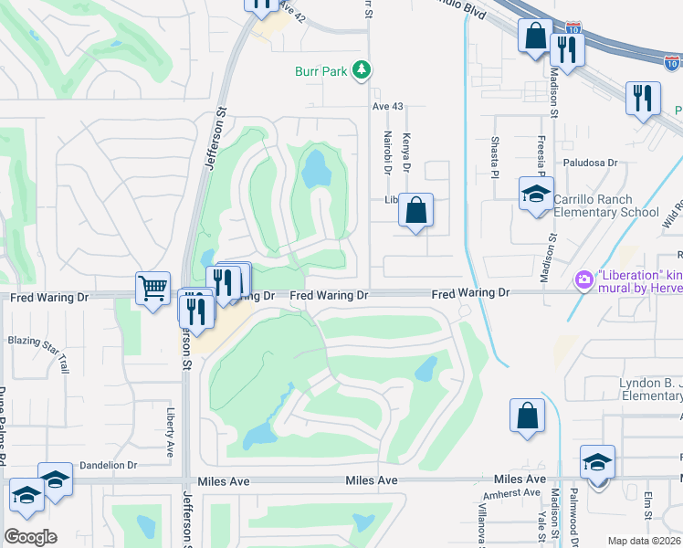map of restaurants, bars, coffee shops, grocery stores, and more near 80418 Portobello Drive in Indio