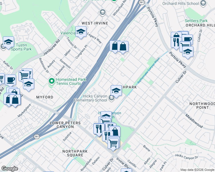 map of restaurants, bars, coffee shops, grocery stores, and more near 33 Visalia in Irvine