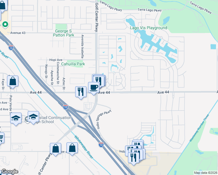 map of restaurants, bars, coffee shops, grocery stores, and more near 84136 Avenue 44 in Indio