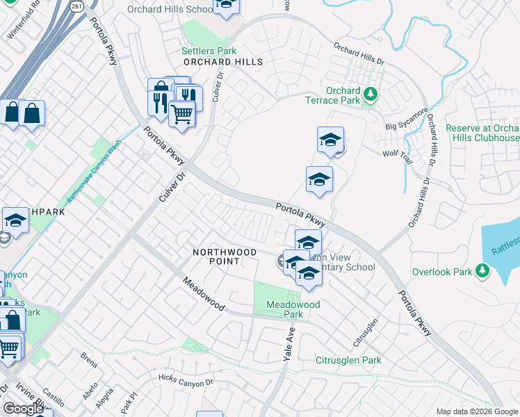 map of restaurants, bars, coffee shops, grocery stores, and more near 92 Winslow Lane in Irvine