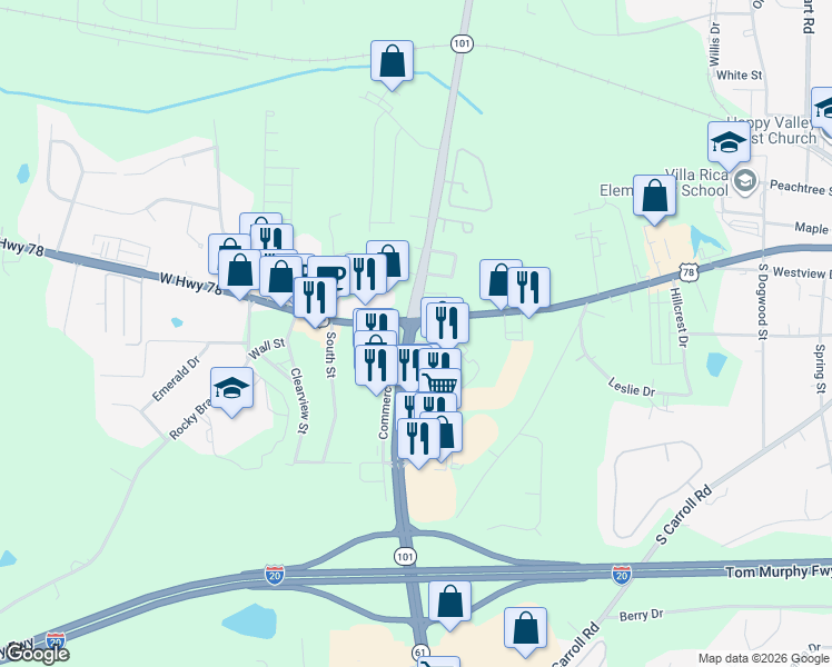 map of restaurants, bars, coffee shops, grocery stores, and more near 214 Industrial Boulevard in Villa Rica