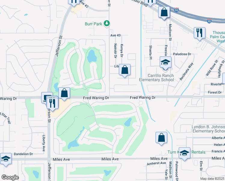 map of restaurants, bars, coffee shops, grocery stores, and more near 43889 Virginia Avenue in Indio