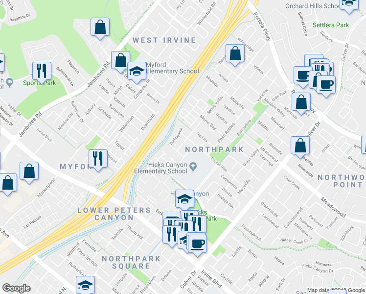 map of restaurants, bars, coffee shops, grocery stores, and more near 34 Spring Valley in Irvine