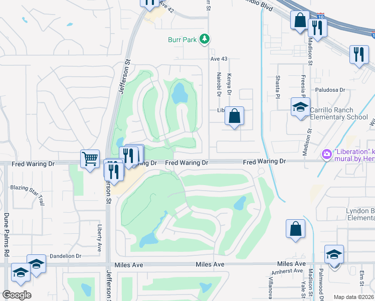 map of restaurants, bars, coffee shops, grocery stores, and more near 80412 Portobello Drive in Indio