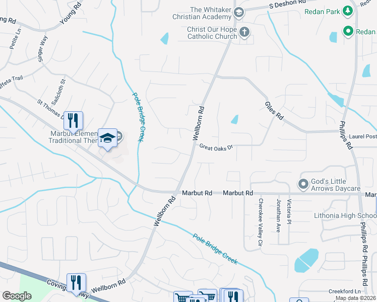 map of restaurants, bars, coffee shops, grocery stores, and more near 1999 Sewing Circle in Lithonia