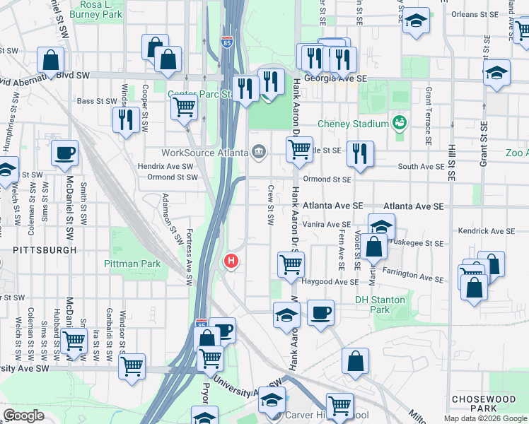 map of restaurants, bars, coffee shops, grocery stores, and more near 65 Atlanta Avenue Southeast in Atlanta