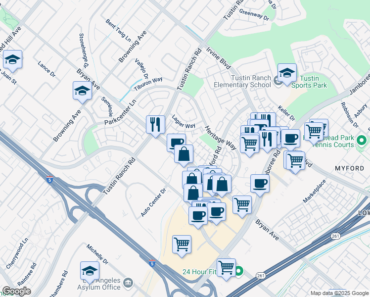 map of restaurants, bars, coffee shops, grocery stores, and more near 13479 Mason Court in Tustin