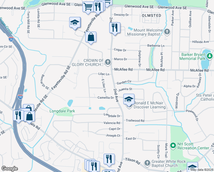 map of restaurants, bars, coffee shops, grocery stores, and more near 2078 E Lilac Ln in Decatur
