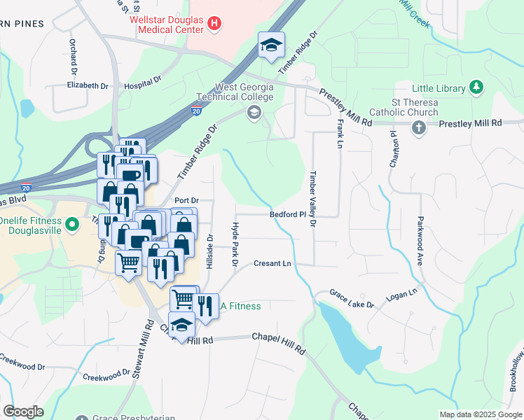 map of restaurants, bars, coffee shops, grocery stores, and more near 4669 Bedford Place in Douglasville