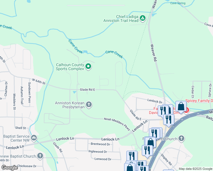 map of restaurants, bars, coffee shops, grocery stores, and more near 836 Willow Point in Anniston