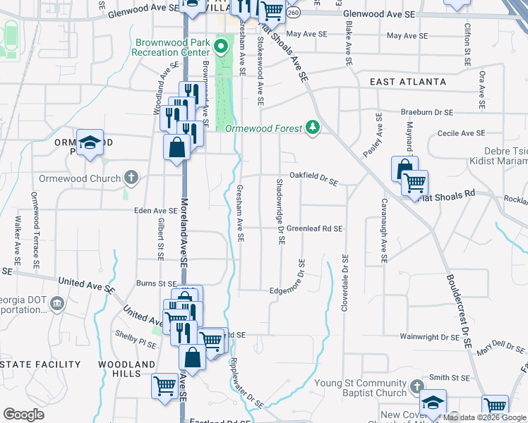 map of restaurants, bars, coffee shops, grocery stores, and more near 874 Stokeswood Avenue Southeast in Atlanta
