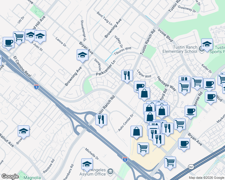map of restaurants, bars, coffee shops, grocery stores, and more near 2332 Aspen Street in Tustin