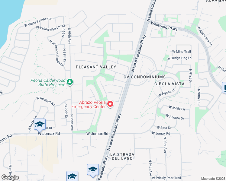 map of restaurants, bars, coffee shops, grocery stores, and more near 9639 West Quail Track Drive in Peoria