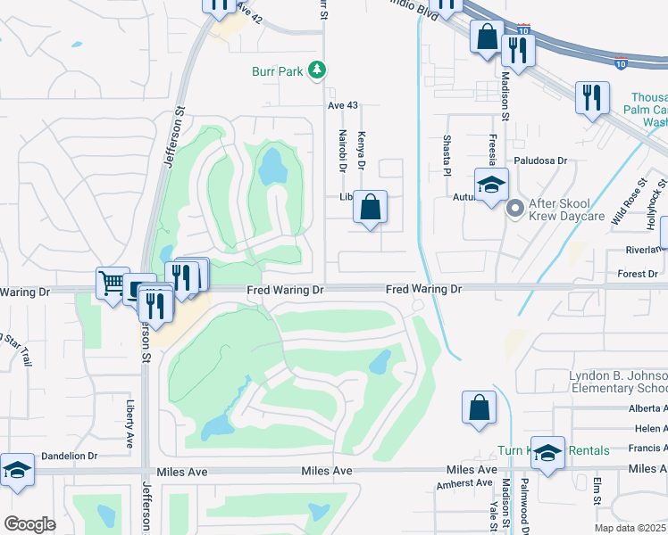 map of restaurants, bars, coffee shops, grocery stores, and more near 80529 Philadelphia Avenue in Indio