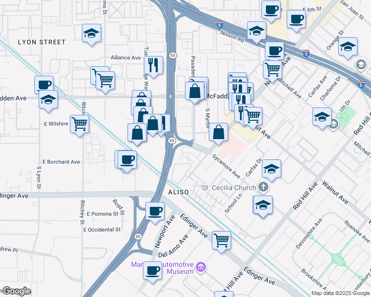 map of restaurants, bars, coffee shops, grocery stores, and more near 17061 Kenyon Drive in Tustin
