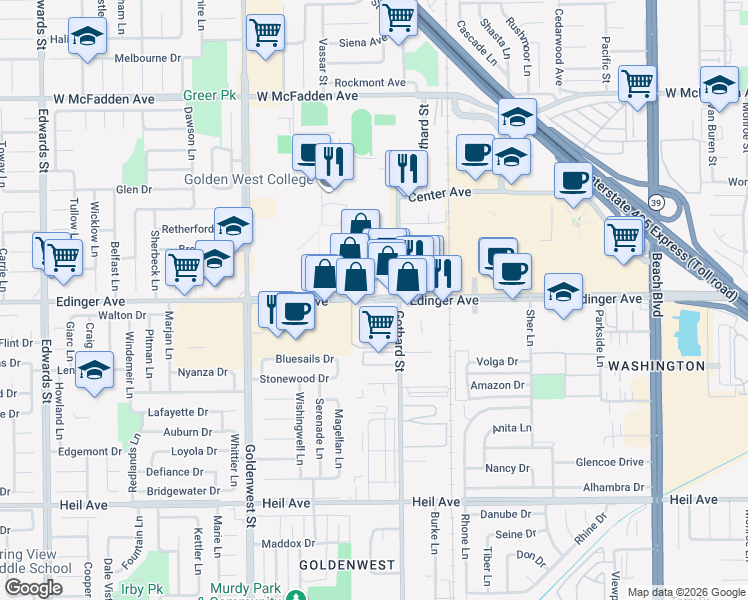 map of restaurants, bars, coffee shops, grocery stores, and more near 7225 Edinger Avenue in Huntington Beach