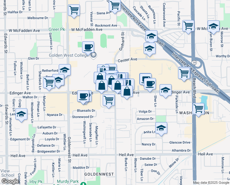 map of restaurants, bars, coffee shops, grocery stores, and more near Edinger Ave & Gothard St in Huntington Beach