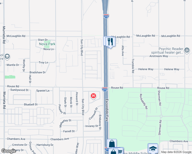 map of restaurants, bars, coffee shops, grocery stores, and more near 26911 Tropicana Drive in Menifee