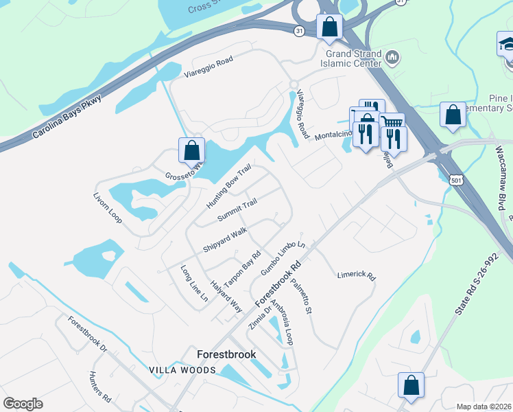 map of restaurants, bars, coffee shops, grocery stores, and more near 4342 Summit Trail in Myrtle Beach