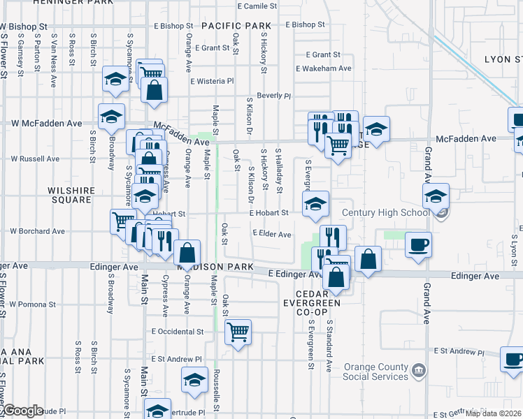 map of restaurants, bars, coffee shops, grocery stores, and more near 1301 South Kilson Drive in Santa Ana