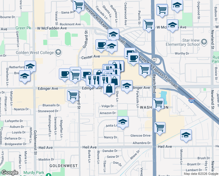 map of restaurants, bars, coffee shops, grocery stores, and more near 7622 Edinger Avenue in Huntington Beach