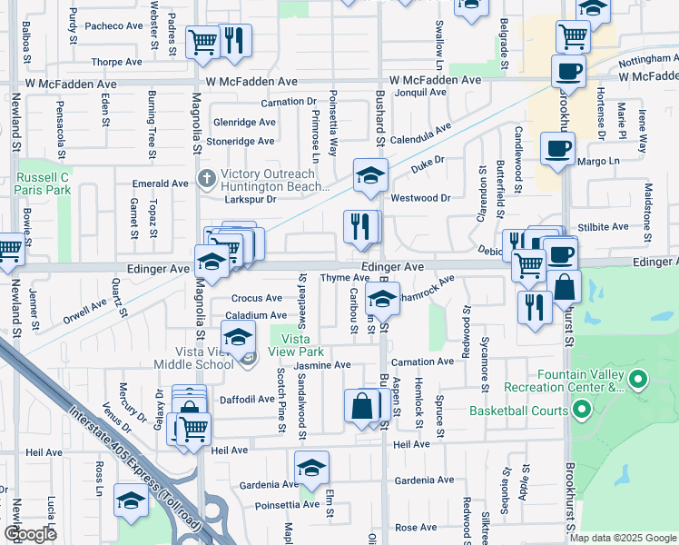 map of restaurants, bars, coffee shops, grocery stores, and more near 9385 Thyme Avenue in Fountain Valley
