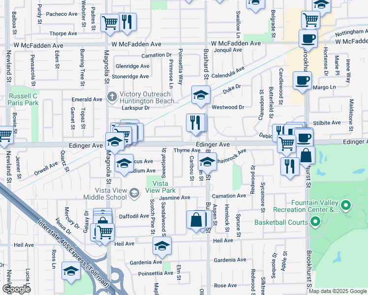 map of restaurants, bars, coffee shops, grocery stores, and more near 9385 Thyme Avenue in Fountain Valley