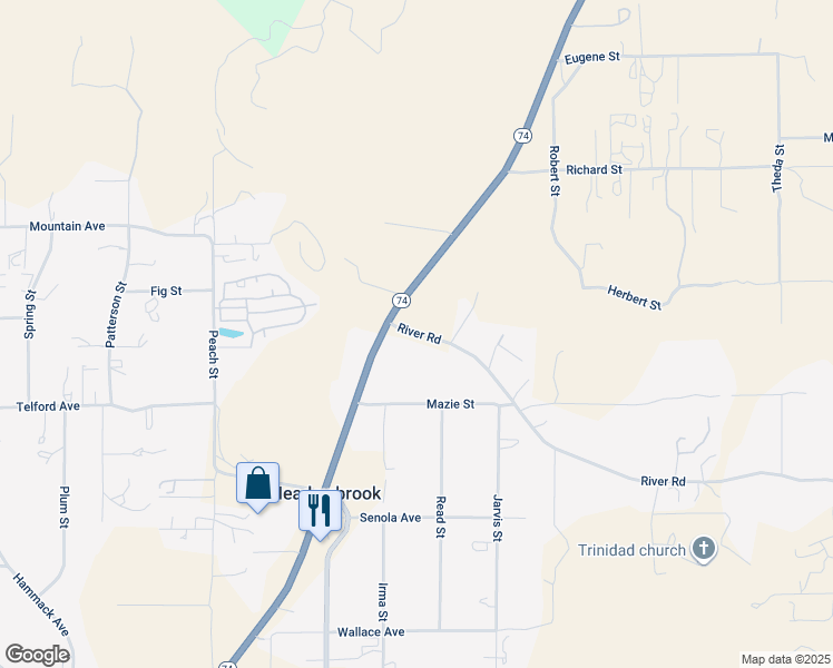 map of restaurants, bars, coffee shops, grocery stores, and more near 21775 River Road in Perris