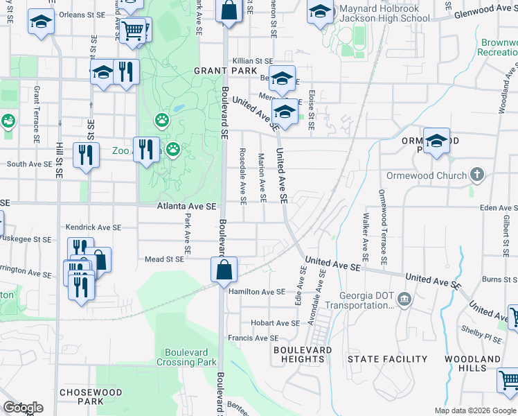 map of restaurants, bars, coffee shops, grocery stores, and more near 654 Atlanta Avenue Southeast in Atlanta