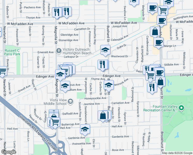 map of restaurants, bars, coffee shops, grocery stores, and more near 9385 Thyme Avenue in Fountain Valley