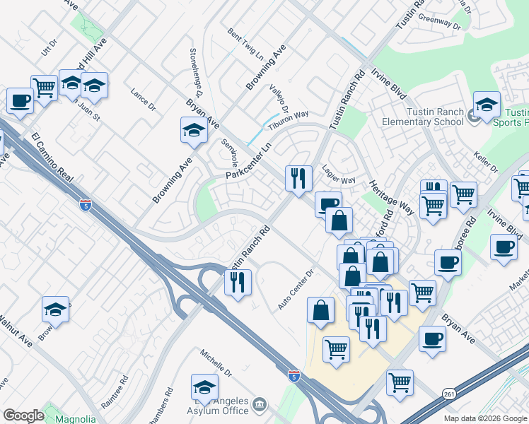 map of restaurants, bars, coffee shops, grocery stores, and more near 2332 Aspen Street in Tustin
