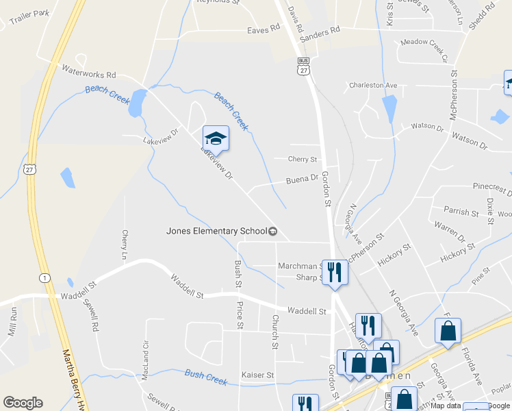 map of restaurants, bars, coffee shops, grocery stores, and more near 219 Lakeview Drive in Bremen