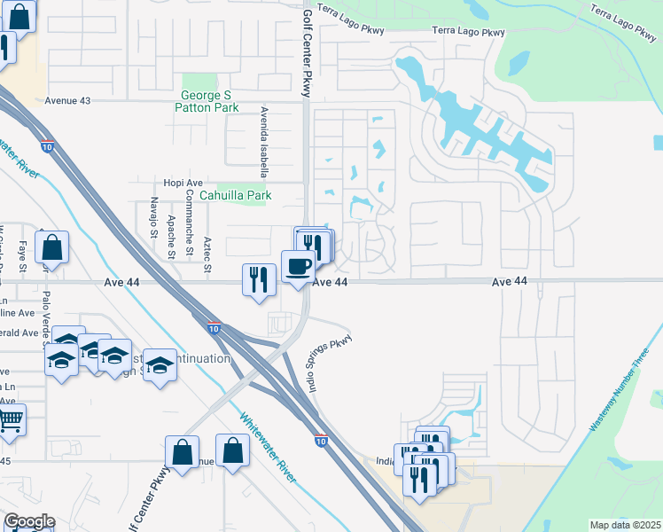 map of restaurants, bars, coffee shops, grocery stores, and more near 84136 Avenue 44 in Indio