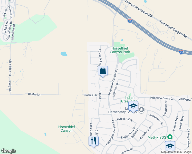 map of restaurants, bars, coffee shops, grocery stores, and more near 26770 Black Horse Circle in Corona