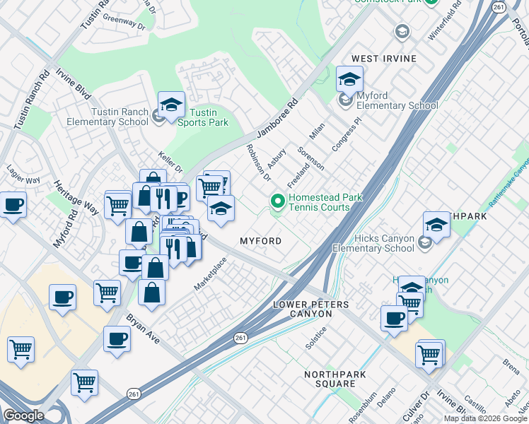 map of restaurants, bars, coffee shops, grocery stores, and more near 4 Asbury in Irvine