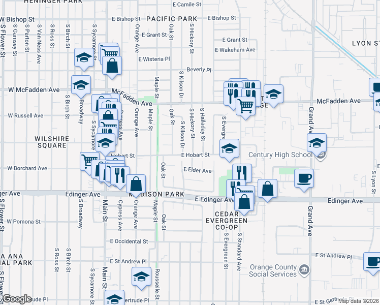 map of restaurants, bars, coffee shops, grocery stores, and more near 1301 South Kilson Drive in Santa Ana