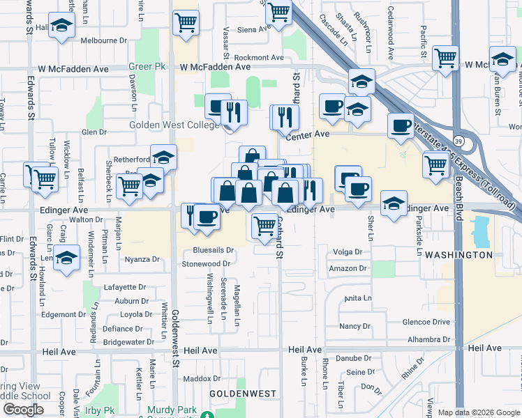 map of restaurants, bars, coffee shops, grocery stores, and more near 7225 Edinger Avenue in Huntington Beach