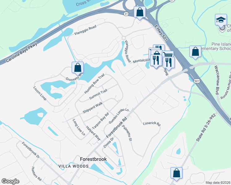 map of restaurants, bars, coffee shops, grocery stores, and more near 4342 Summit Trail in Myrtle Beach